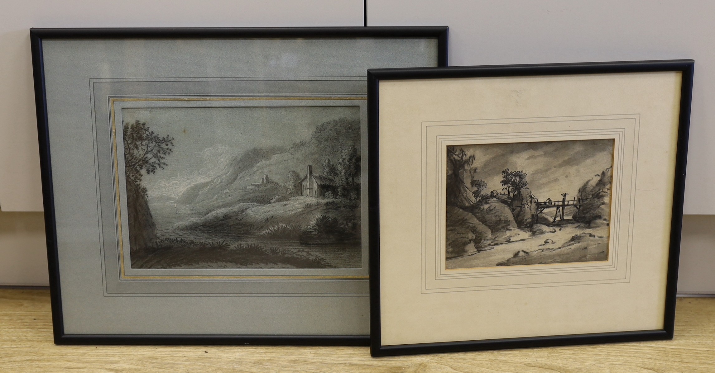 Attributed to Dr Thomas Monro (1759-1833) two charcoal and chalk drawings, River landscapes, 16 x 21cm and 21 x 30cm